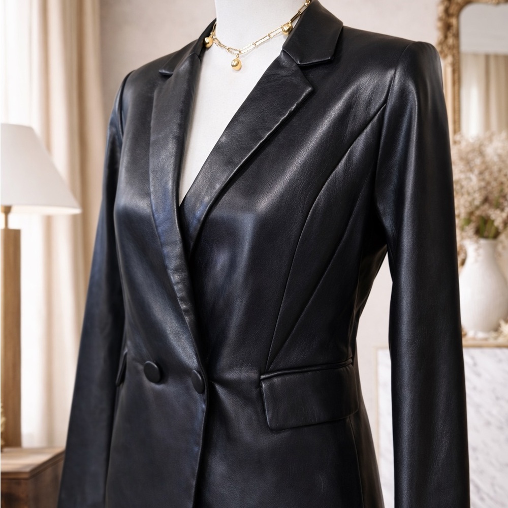 Alice + Olivia Kyrie Vegan Leather Blazer Romper | Black Faux Leather | Back Zip - Picture 2 of 10